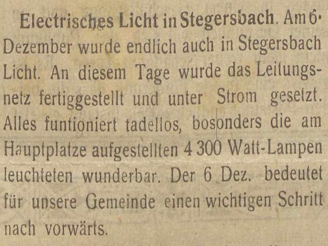 Stegersbach, Elektrisches Licht